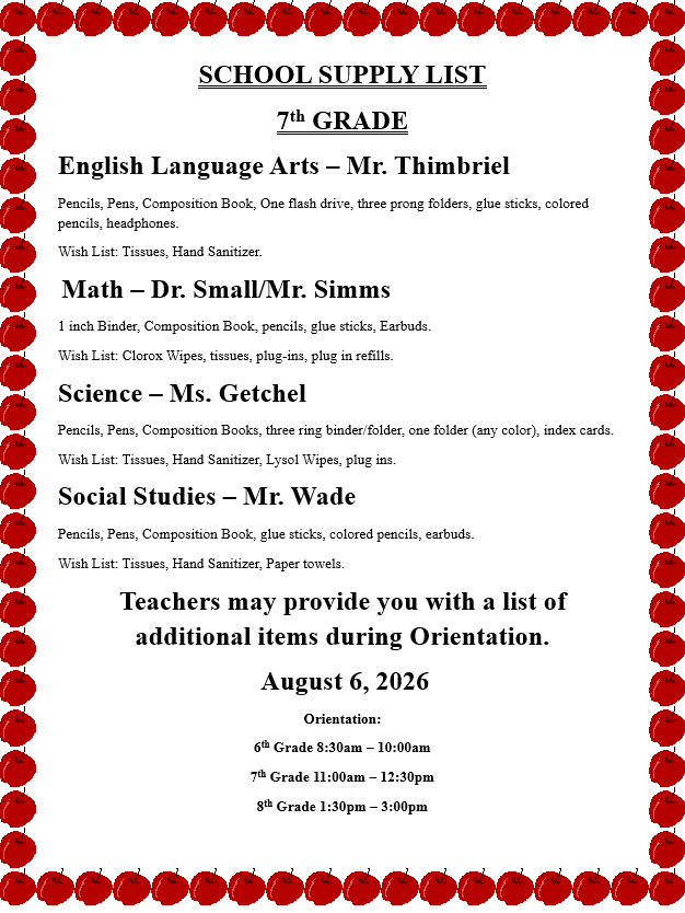 Red border with white text. Title: "SCHOOL SUPPLY LIST 7th GRADE". Subjects and teachers listed with supplies needed. Orientation dates listed below.