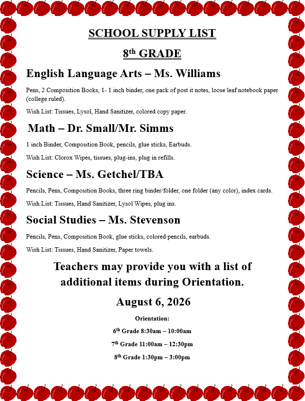Red-bordered page lists school supplies for 8th grade. Sections for English, Math, Science, and Social Studies. Supplies include pencils, notebooks, and tissues. Date: August 6, 2026.