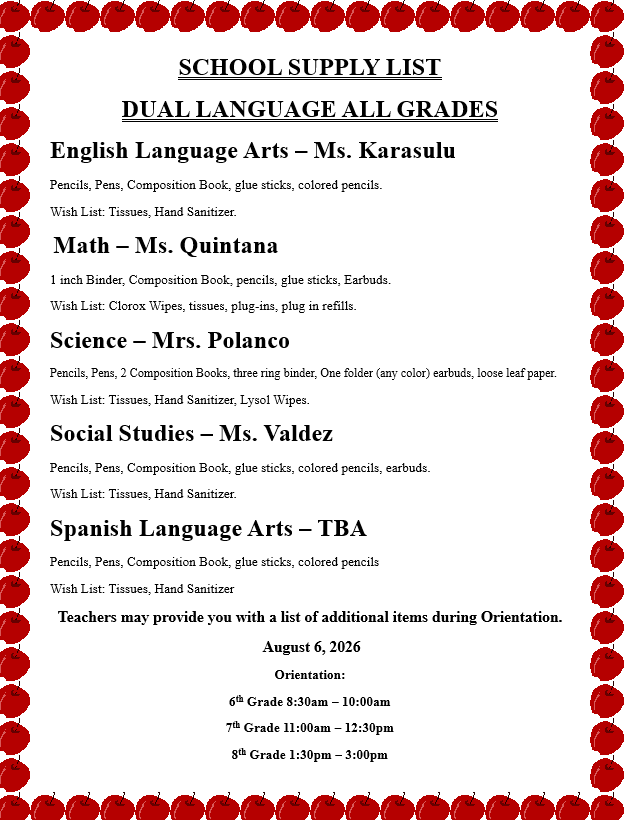 Red and white border with white center shows a school supply list for English, Math, Science, Social Studies, and Spanish.