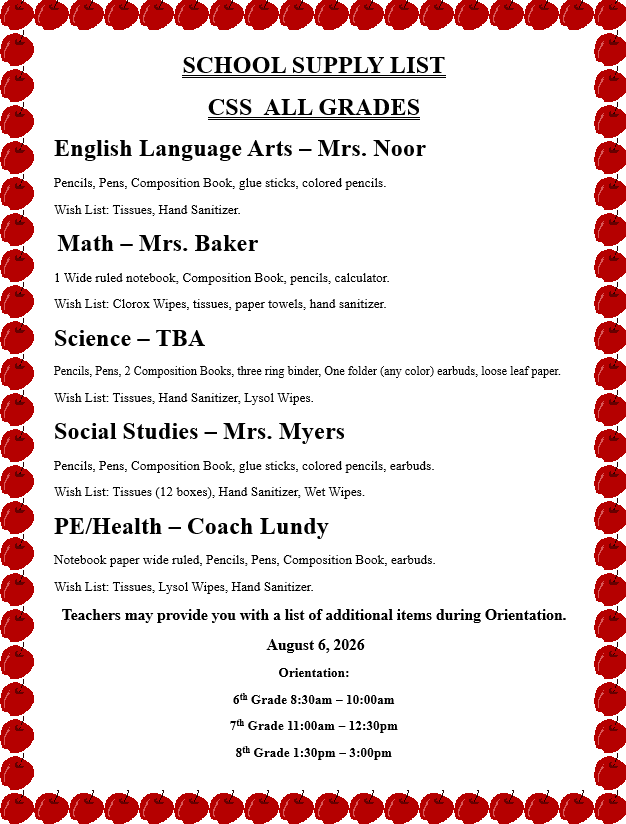 A school supply list for various classes. Subjects listed include English Language Arts, Math, Science, Social Studies, and PE/Health.