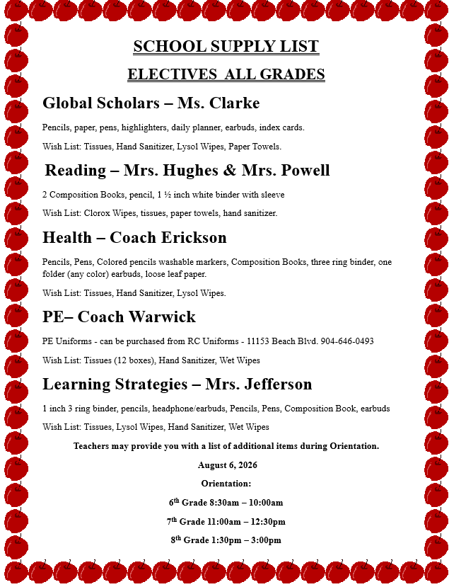 White page displays a list of school supplies for Global Scholars, Reading, Health, PE, and Learning Strategies, with red circles in corners.