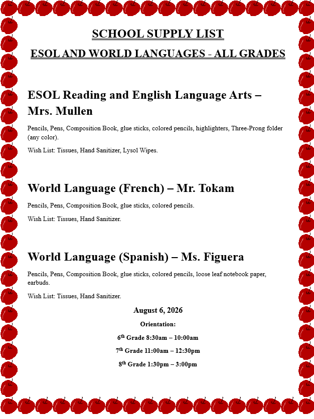Document titled "SCHOOL SUPPLY LIST" with sections for English Language Arts and French and Spanish World Languages.