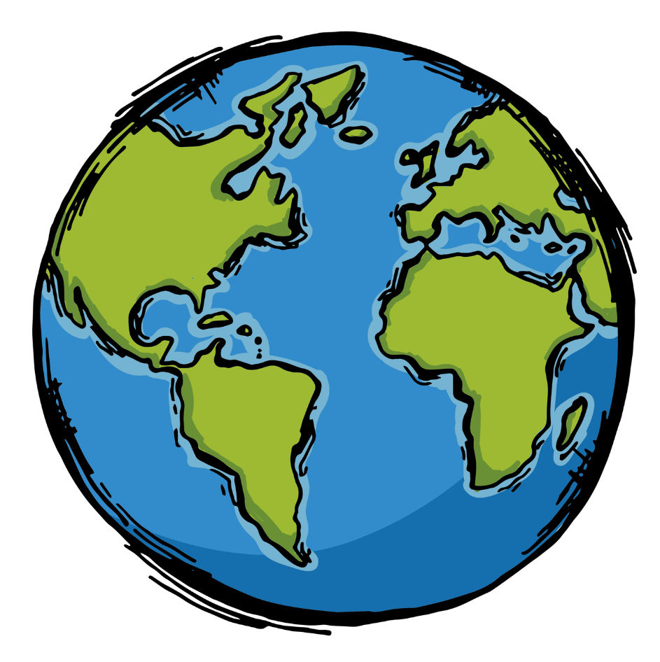 A hand-drawn illustration of Earth, showing blue oceans, green landmasses, and a light blue sky background.