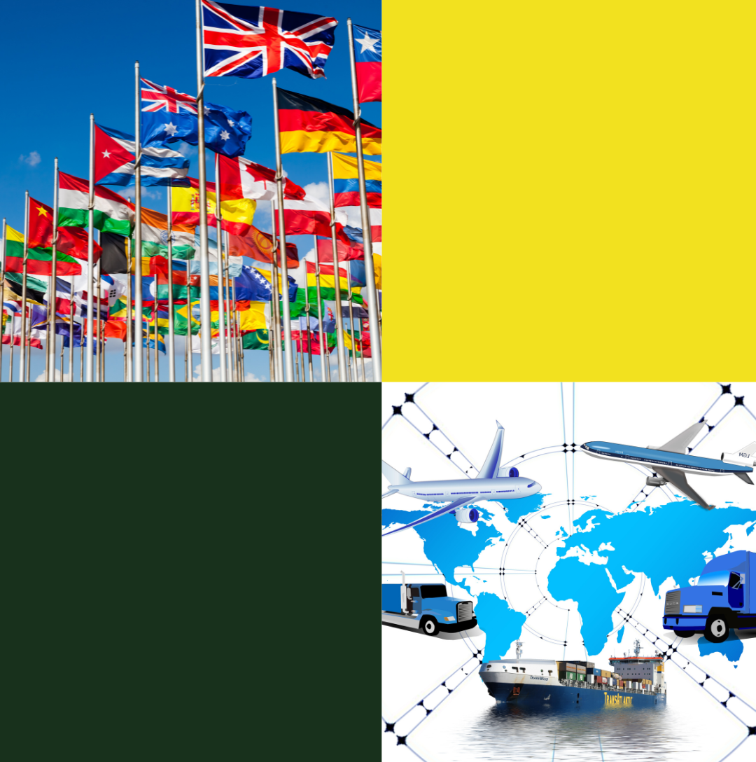 Flags from various countries arranged on poles. Below, a world map with airplanes, trucks, and a ship depicted.