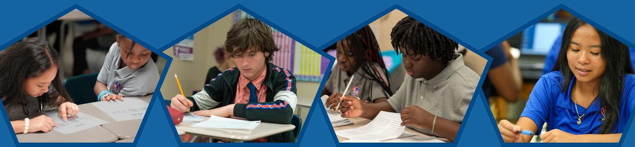 Four images of students working on assignments