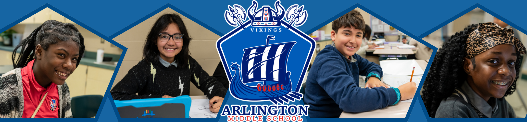 Four images of students in a classroom with the school's logo in the middle.