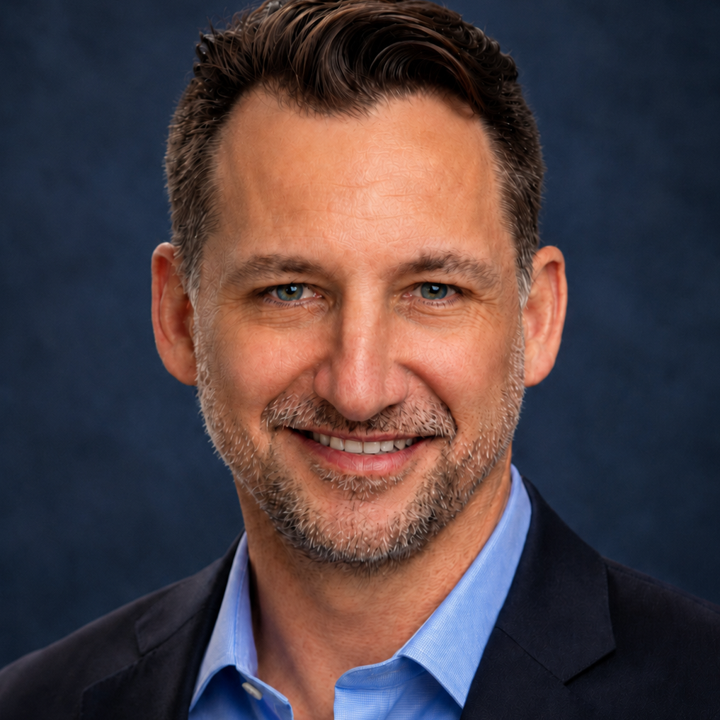 A man with short hair and a beard wearing a blue shirt and black suit jacket smiles against a blue background.