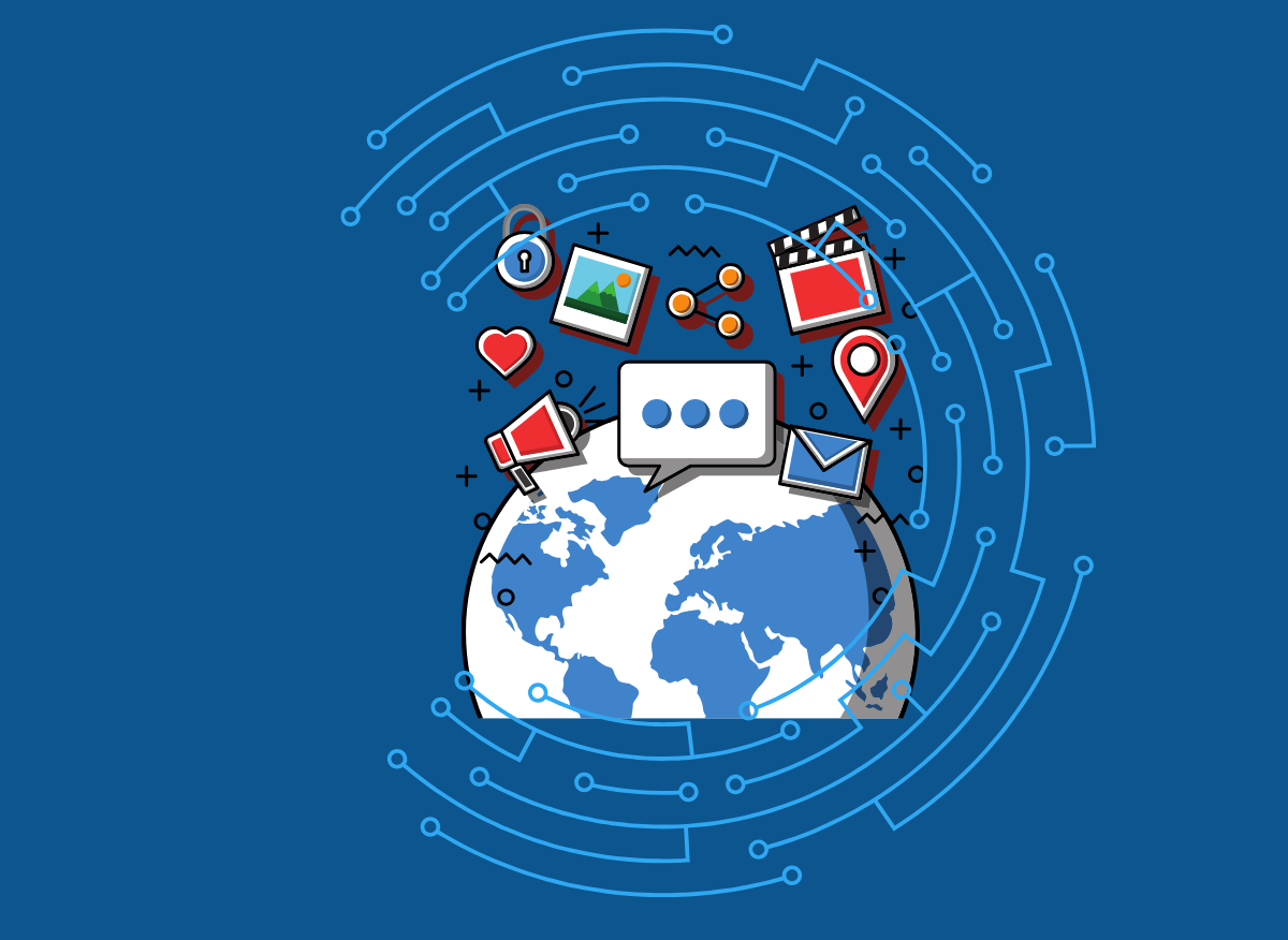 A blue circular background with a globe at center. Icons around globe represent global connectivity, including chat bubbles, camera, film, map, and more.