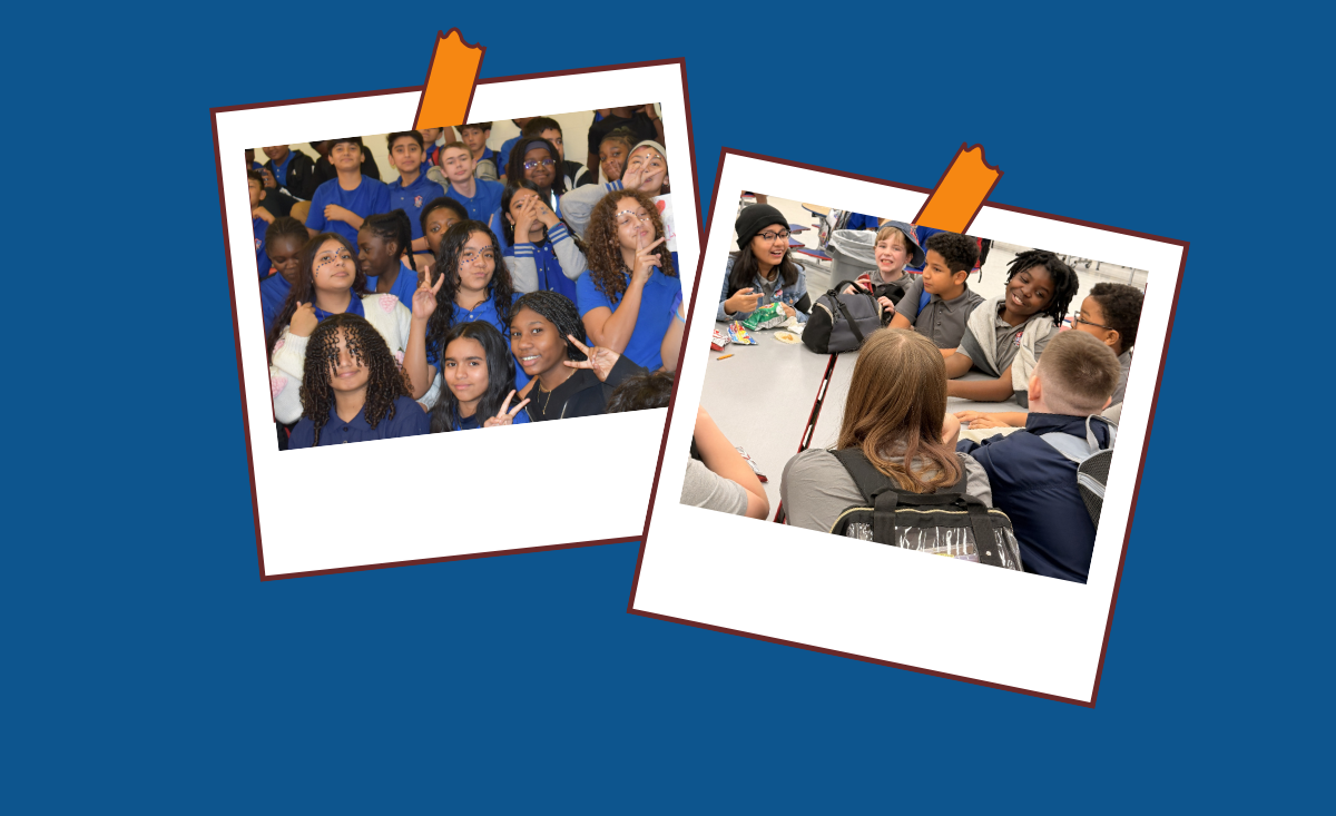 Two photos pinned to blue background; one shows a group of students, the other shows students in a classroom.