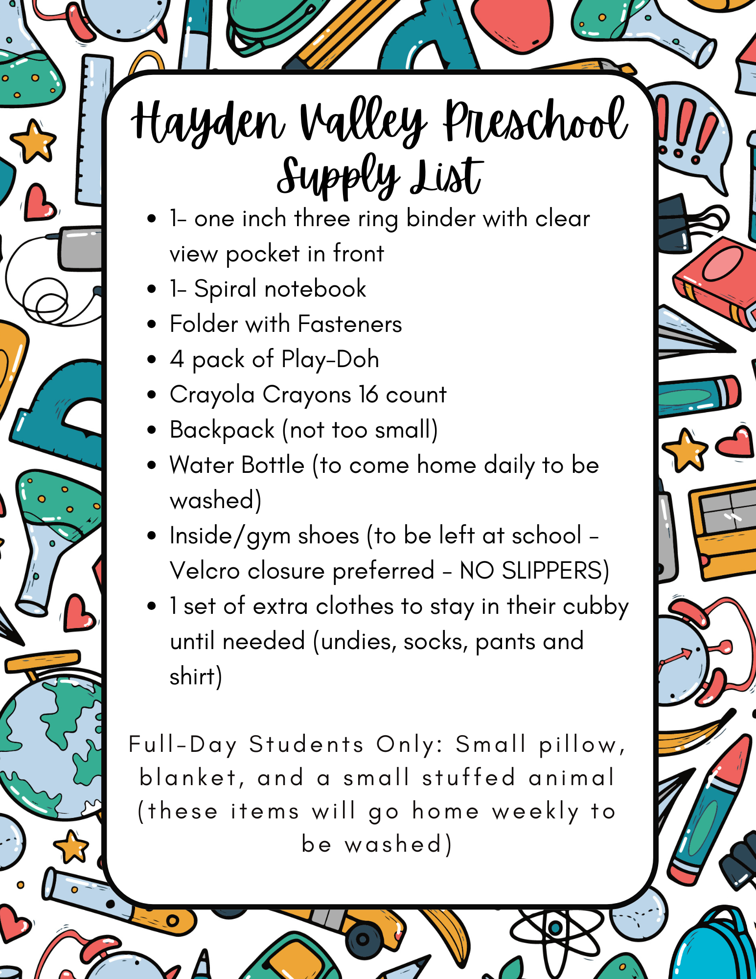 Pre-k School Supplies 25-26