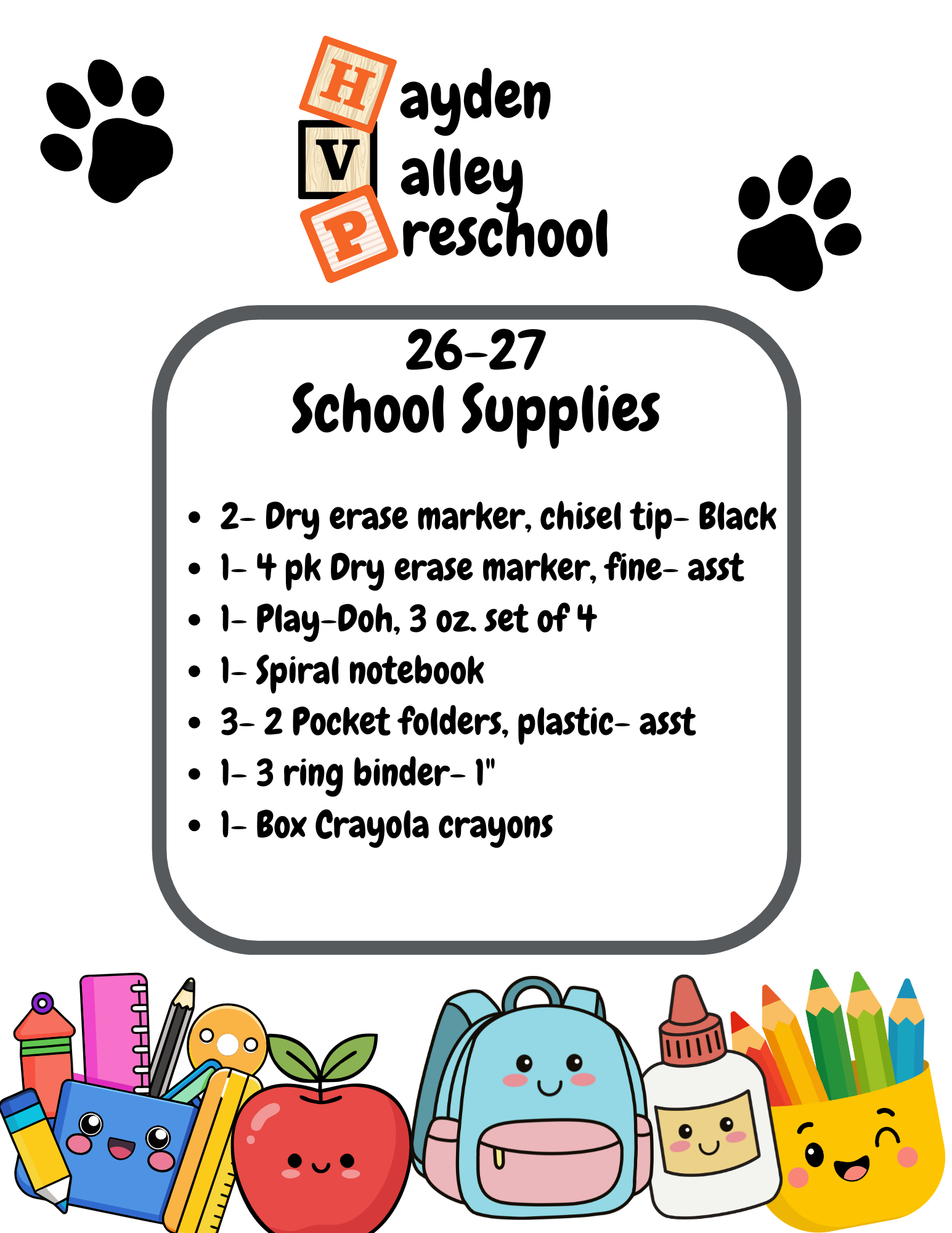 26/27 Preschool Supply List