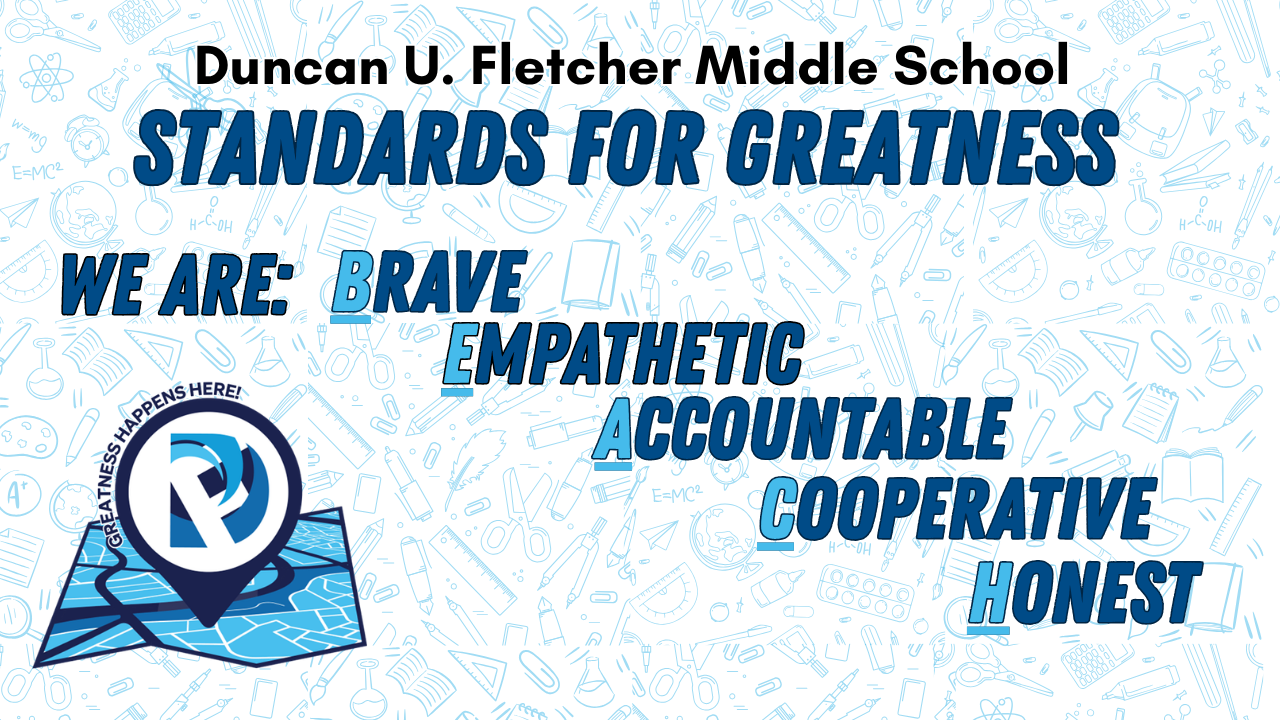 Blue background with white pattern. Text reads: "Standards for Greatness" and "We are: Brave, Empathetic, Accountable, Cooperative, Honest." A logo at the bottom left.