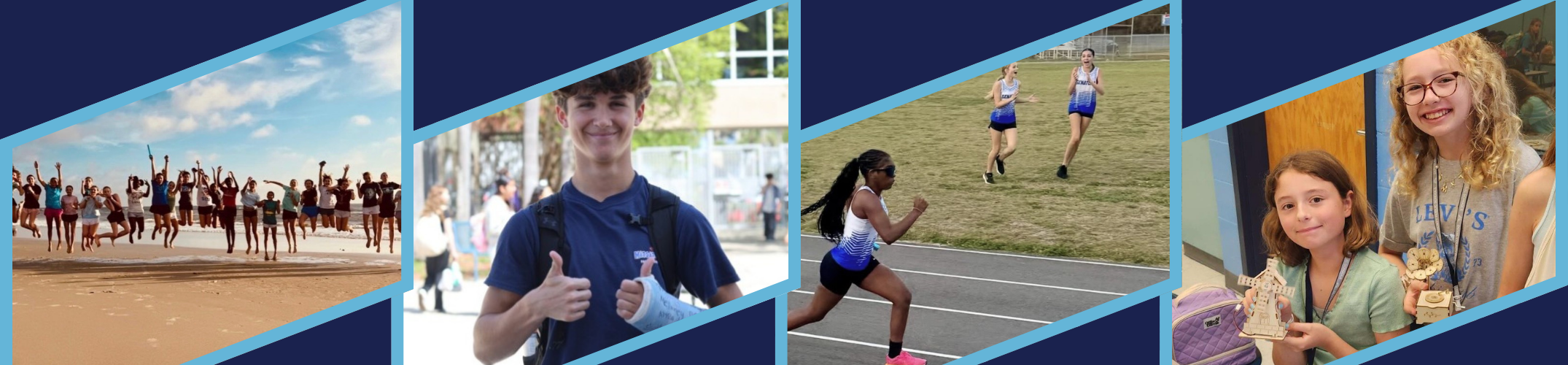 Multiple photos in a collage showing people running, a person smiling, and a woman holding a trophy.