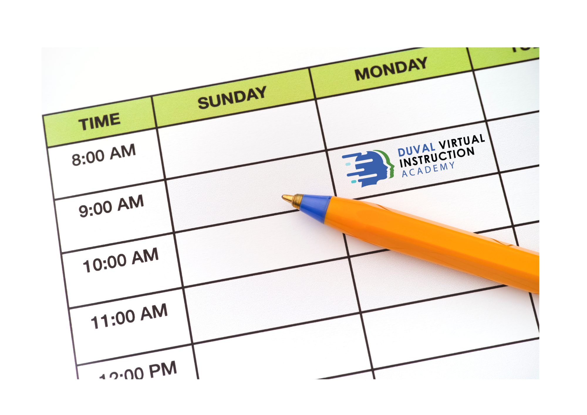 A week's schedule shows times from 8:00 AM on Sunday to 11:00 AM on Monday. An orange pen is placed over the schedule.