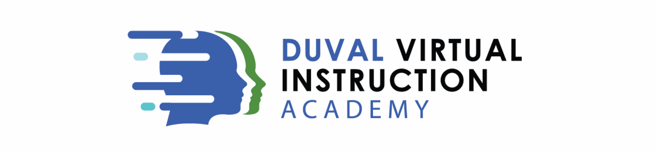 Logo for Duval Virtual Instruction Academy featuring a blue head outline with a green and blue swirl.