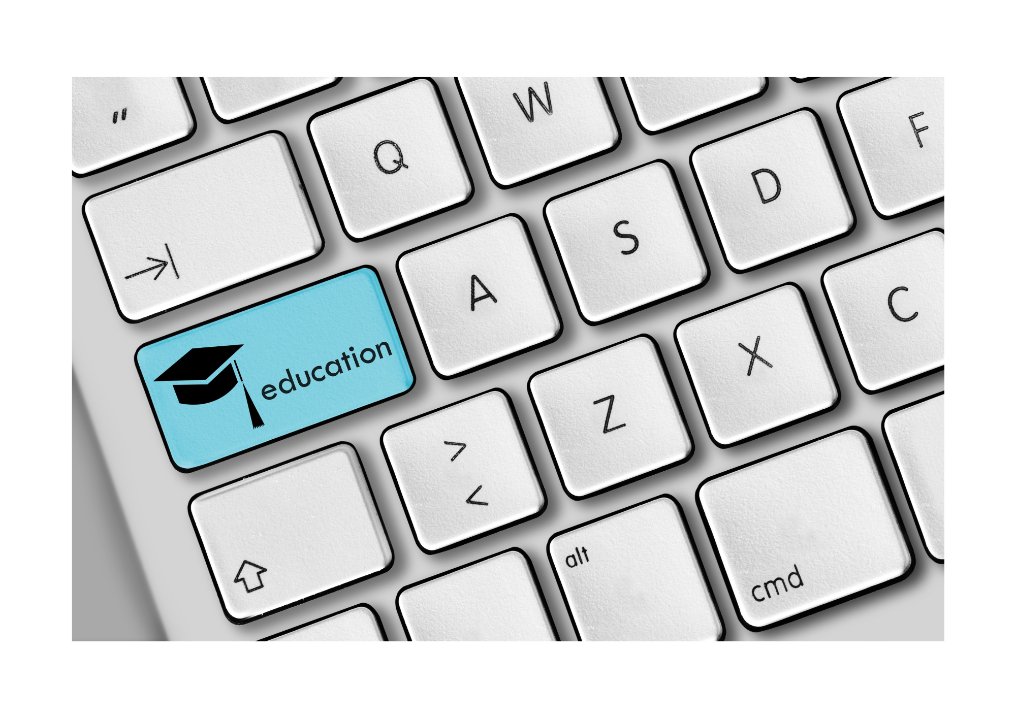 A keyboard with a blue key featuring a graduation cap and the word "education" above it.