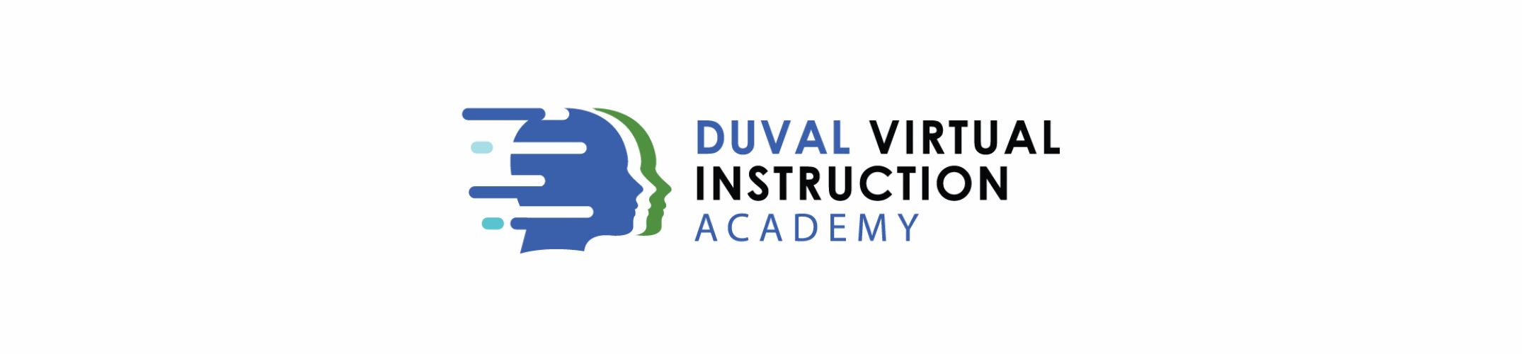 A white background displays the blue and green logo for Duval Virtual Instruction Academy. The logo features an abstract head with a blue arrow.
