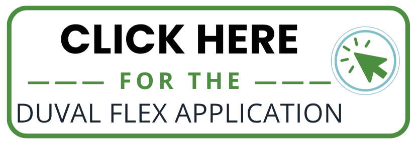 Green-bordered white sign. Text reads "Click Here for the Duval Flex Application". Contains an icon of a hand pointing at a mouse cursor.