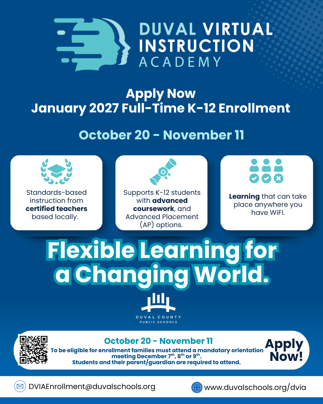 Blue background with white text and icons. "Apply Now" and "Flexible Learning for a Changing World" in bold. Logos and QR codes.