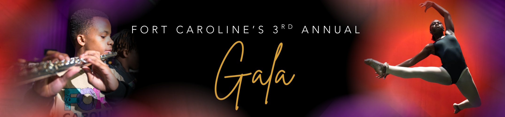 fort caroline's 3rd annual gala, girl dancing, boy playing clarinet