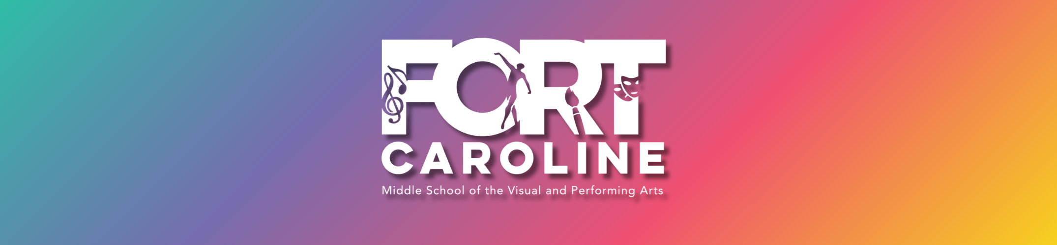 Logo for Fort Caroline with "Fort Caroline" in white on a multicolored gradient background.