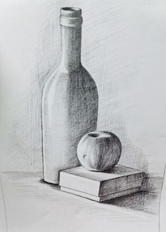 A pencil drawing depicts a bottle, an apple, and a book. The bottle stands tall, and the apple rests on the book.