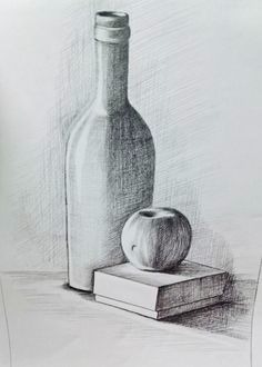 A pencil drawing depicts a bottle, an apple, and a book. The bottle stands tall, and the apple rests on the book.