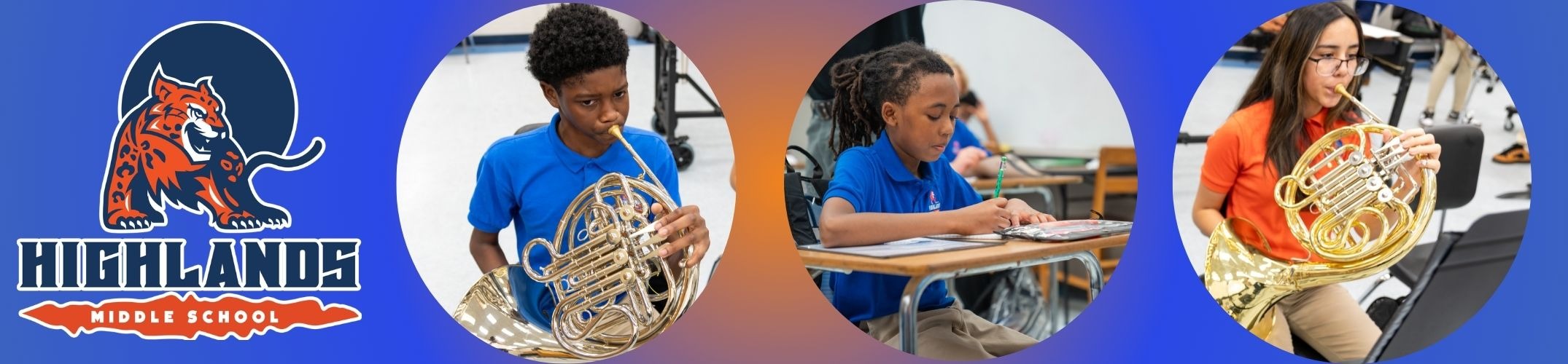 Three students in blue and orange shirts, each playing a French horn, with a blue background featuring the Highlands logo.