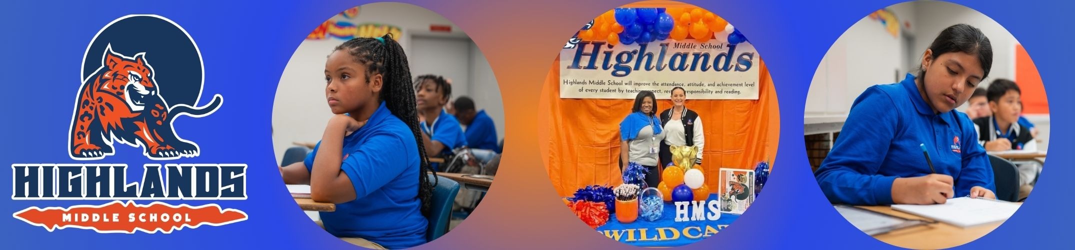 Three students in blue shirts in a classroom, one looking at a paper, another observing, and Highlands logo in blue.