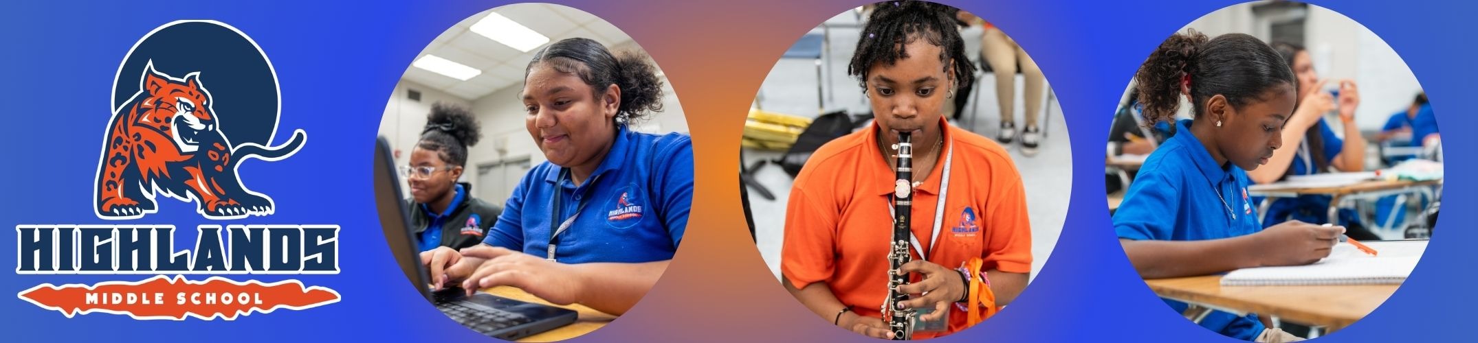 Three students in blue and orange shirts, with one playing a clarinet, in a classroom setting.
