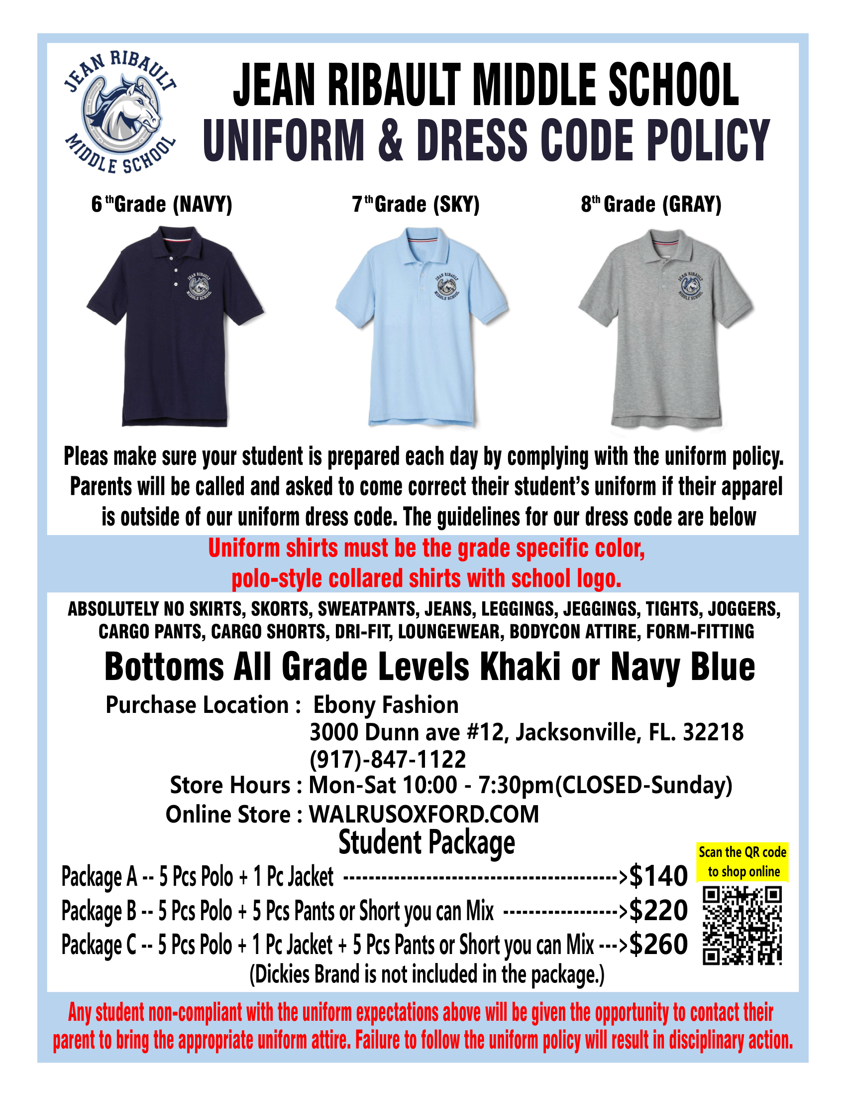 A flyer about Jean Ribault Middle School's uniform policy, with three examples of school uniforms, and a QR code.