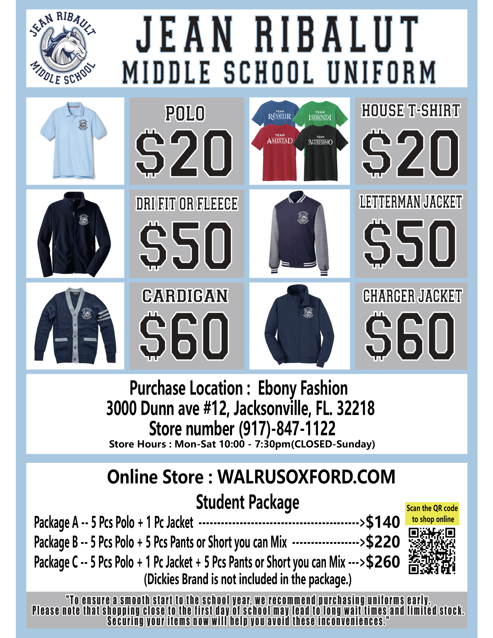 An advertisement for Jean Ribalut Middle School uniforms. Clothing items include polo shirts, cardigans, and jackets. Prices are listed for individual items and packages.