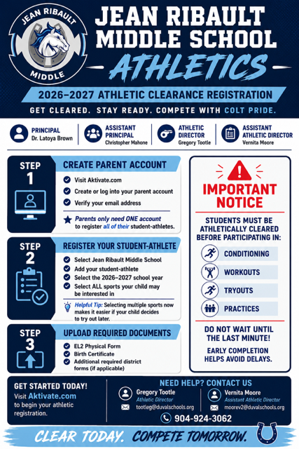 A poster provides a guide for athletics registration at Jean Ribault Middle School for the 2026-2027 season.