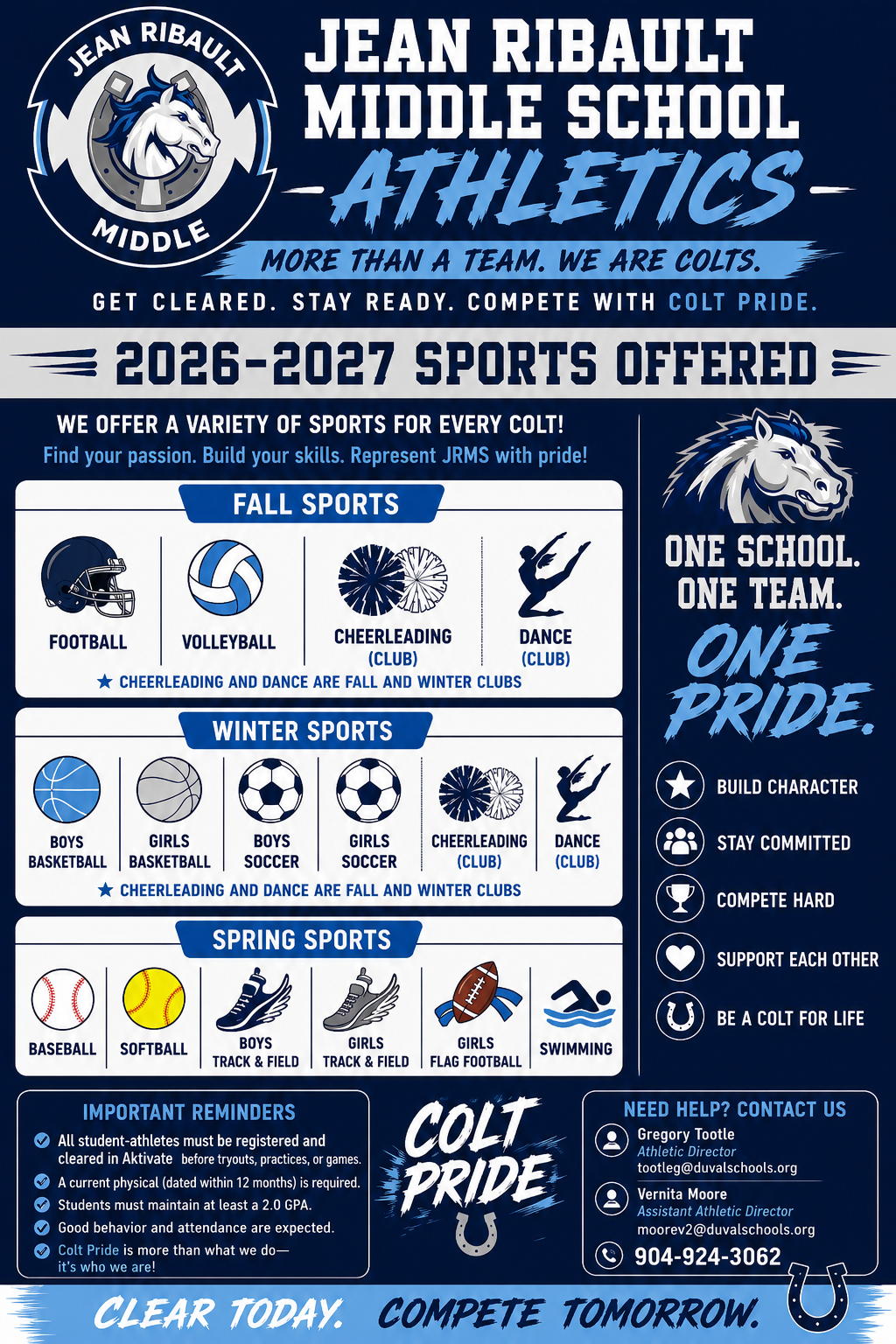 A poster with blue and white background, advertising sports for Jean Ribault Middle School. It lists football, volleyball, dance, and more for fall, winter, and spring.
