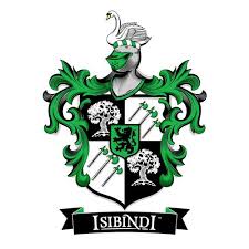 Coat of arms with a shield divided into four sections, featuring trees, swords, and a helmet with a swan. Green and black colors. "ISIBINDI" written below.