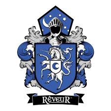 A blue shield with a unicorn and crescent moon on a white background. Helmet above shield with a crescent moon and stars. "REVECUR" text below.