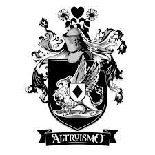 Black-and-white coat of arms design featuring a shield, winged lion, helmet, and flowers. "Altruismo" written below.