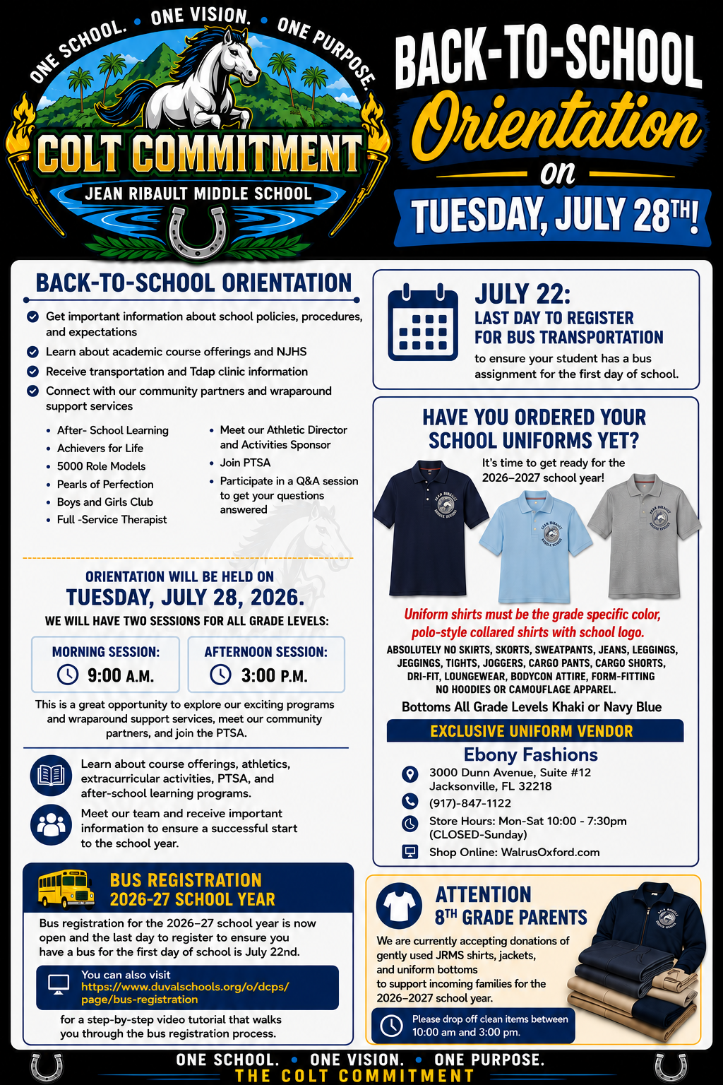 A flyer for Jean Ribaut Middle School's back-to-school orientation on July 28, 2026, with details about the event and uniform options.