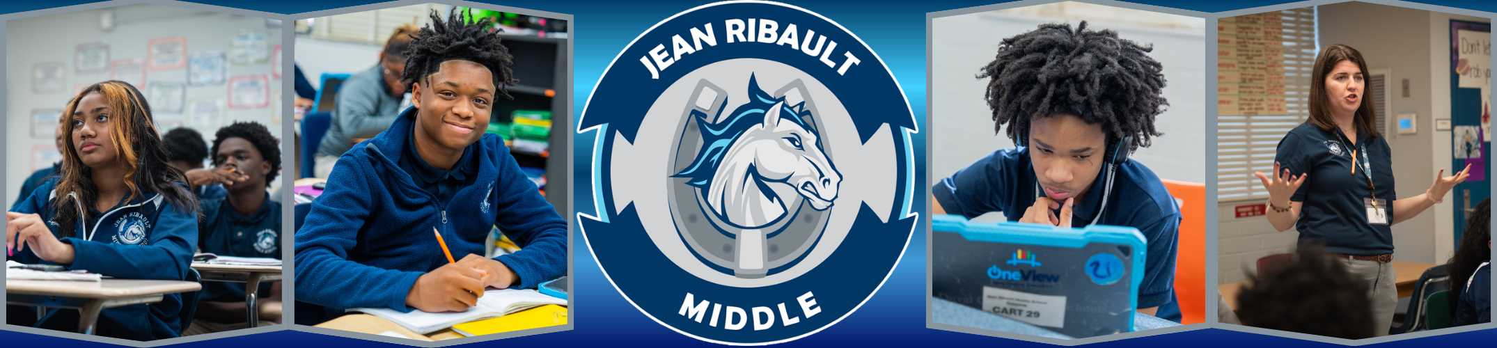 Collage of students and staff in a classroom setting, centered around a school logo featuring a horse.