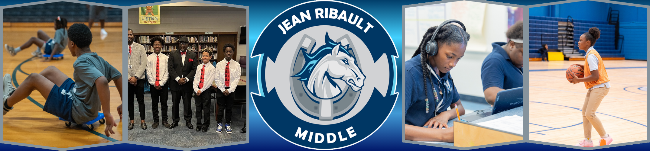 Collage of four photos: A young person stretching, a school band, a horse logo, and a basketball player.
