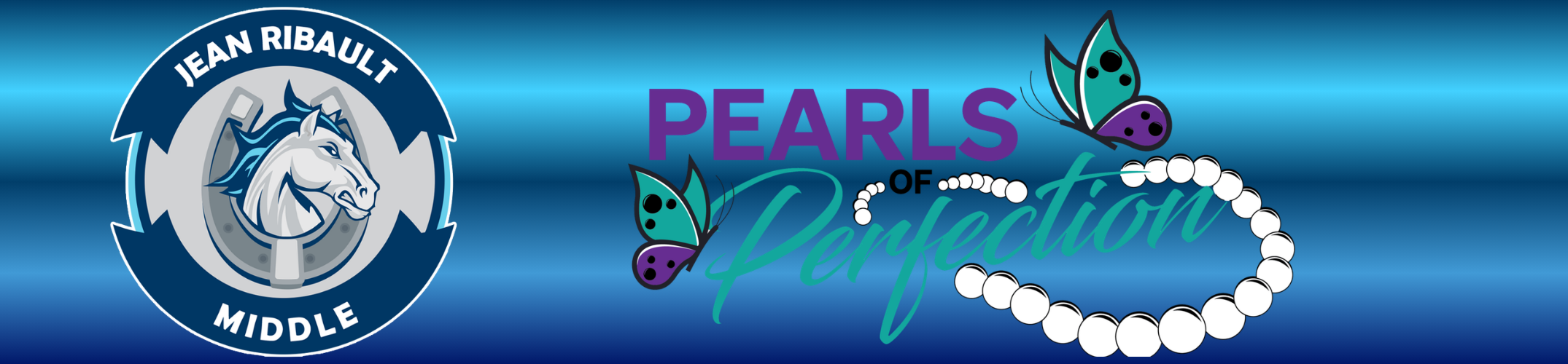 Two logos on a blue background. One features a horse and the words "Ian Ribault Middle". The other features a butterfly, the words "Pearls of Perfection", and a pearl necklace.