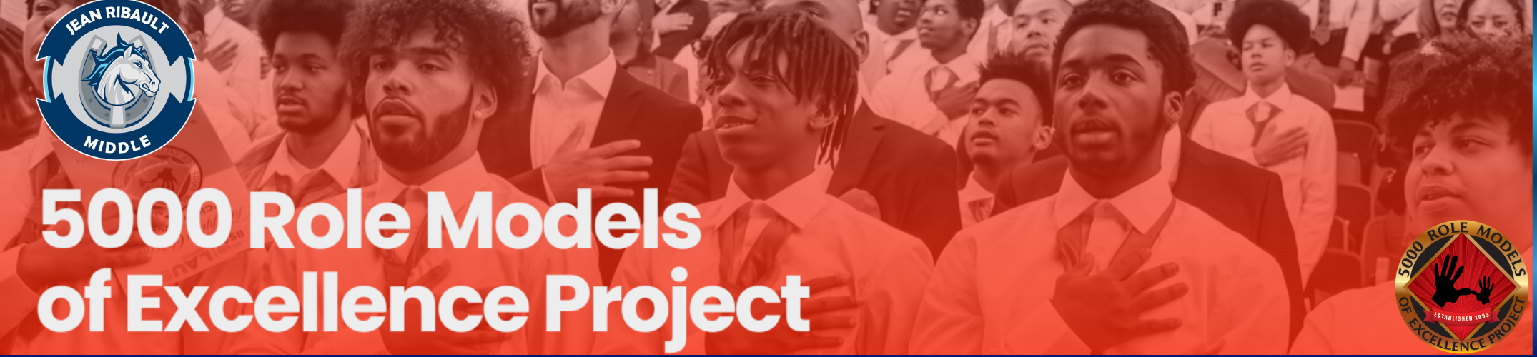 A red-toned image shows a crowd of people. Text reads "5000 Role Models of Excellence Project". Logos are present on both sides.