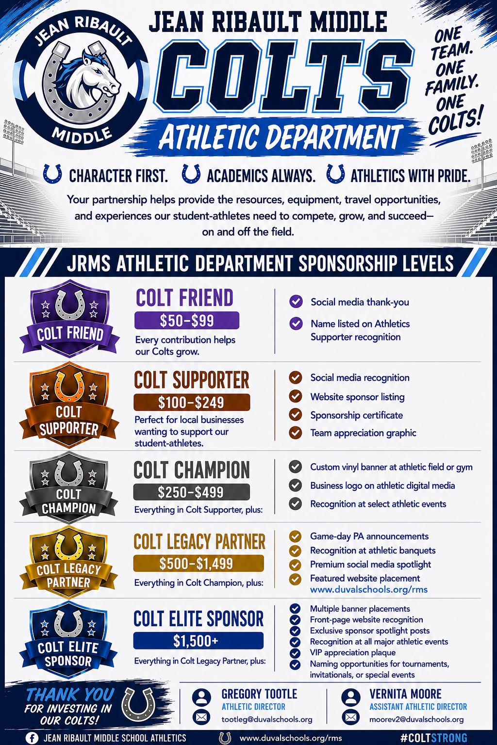 An infographic for Jean Ribaut Middle School Athletic Department. It displays sponsorship levels: Colt Friend, Colt Supporter, Colt Champion, Colt Legacy Partner, Colt Elite Sponsor.