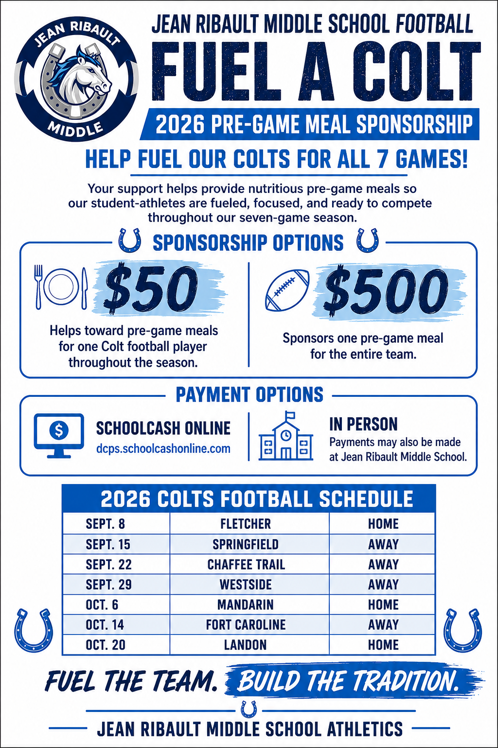 A poster advertises a 2026 pre-game meal sponsorship for Jean Ribault Middle School football. It includes meal options, prices, and payment methods.