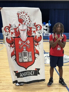 A person in a red shirt and sneakers holds a white banner with a crest featuring a helmet and castle.