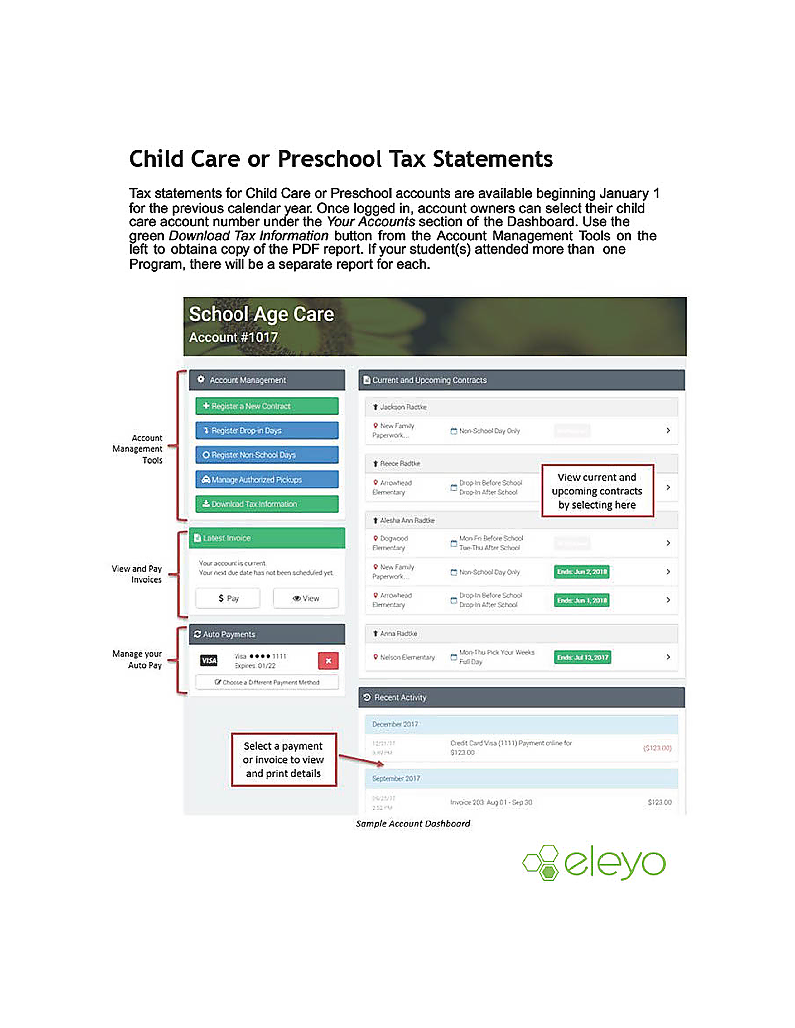 A page shows a dashboard to show parents how to access their tax statements in the Eleyo program for Extended Day.