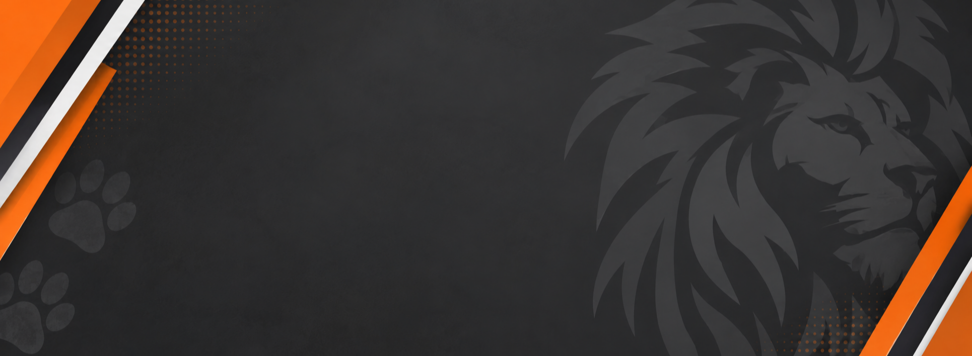 A black background features a lion head on the right and a paw print on the left. Orange accents are present.