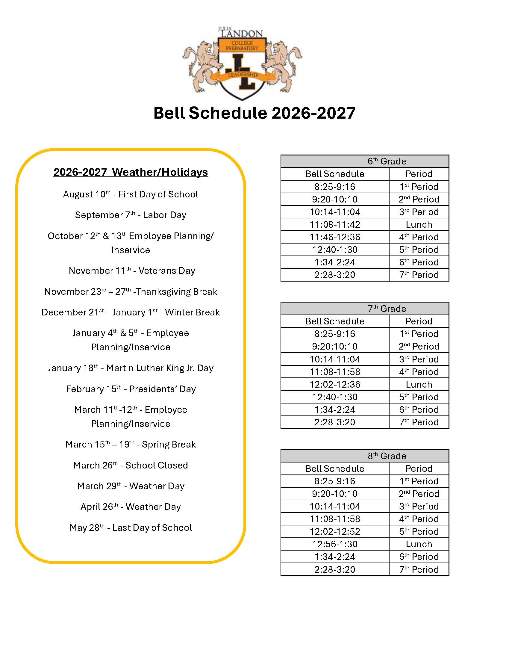 2026-2027 Bell Schedule