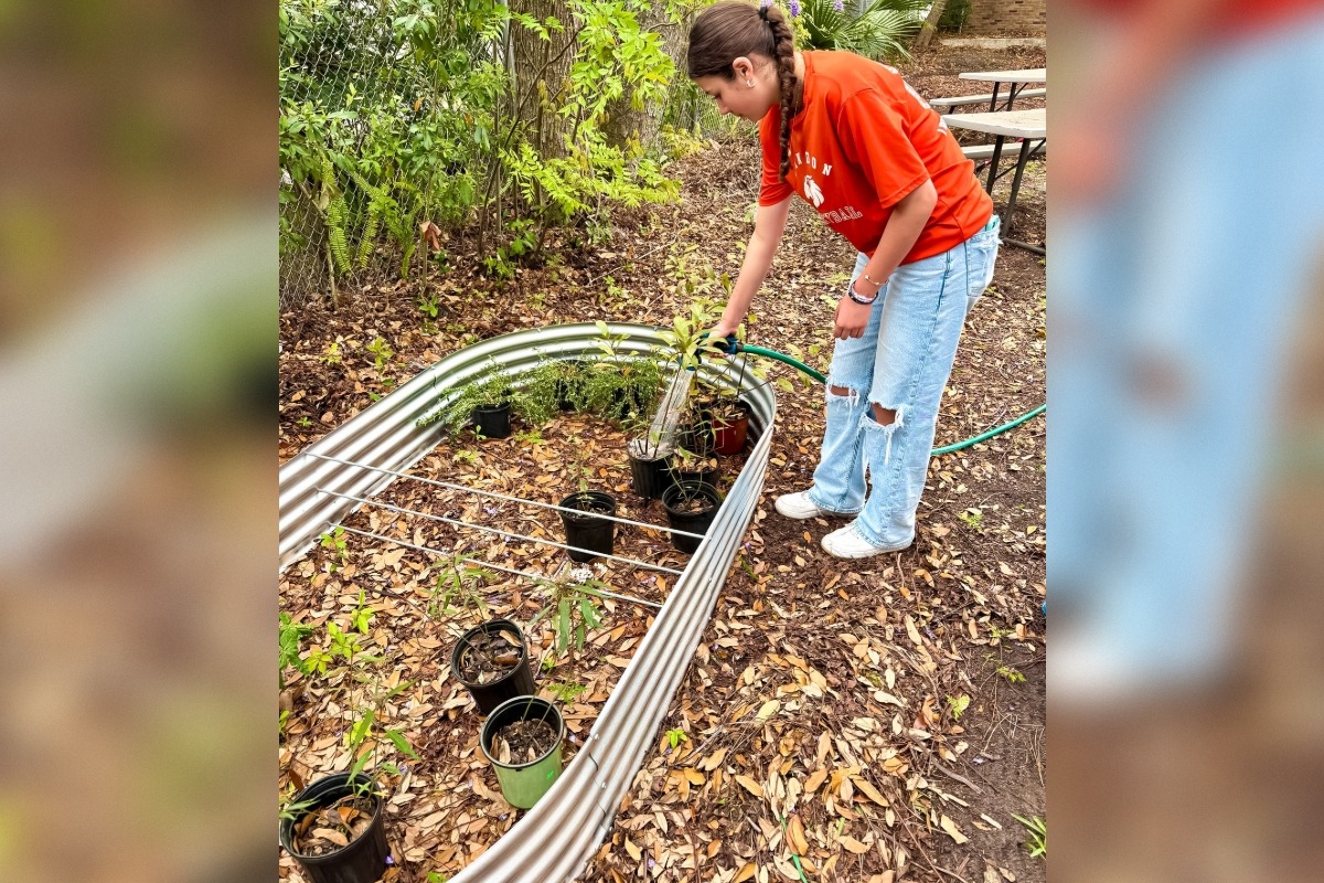 A student in an orange shirt and jeans waters plants in a metal garden bed, with trees and a picnic table in the background.