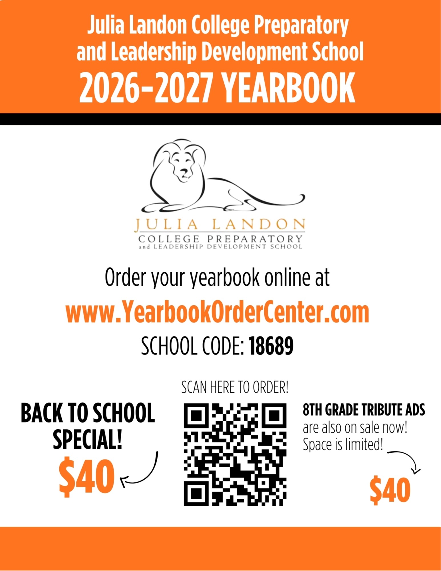 Advertisement for Julia Landon College Preparatory and Leadership Development School yearbook. Features a lion logo, ordering information, and a QR code for ordering.
